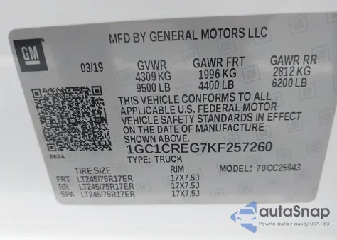 2019 Chevrolet Silverado 2500Hd Wt z USA, uszkodzony, nr VIN 1GC1CREG7KF257260